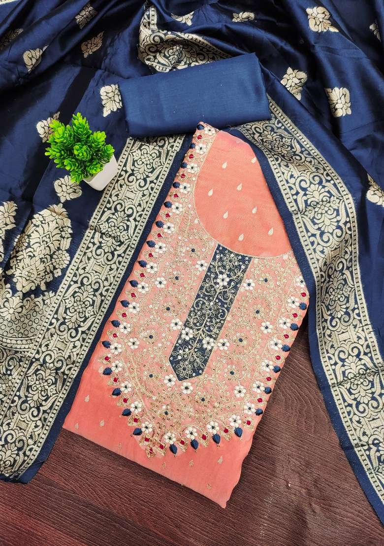 Peach Embroidered Shimmer Straight Kurta Set - Indya