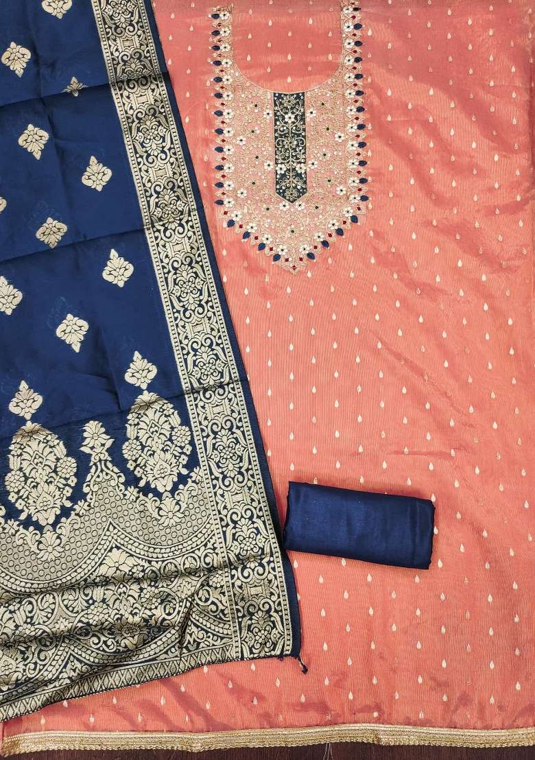 Peach Embroidered Shimmer Straight Kurta Set - Indya