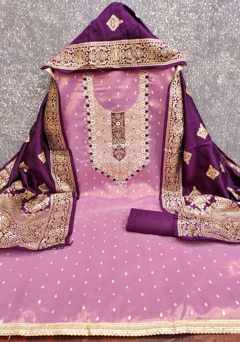 Purple Embroidered Shimmer Pakistani Suit Set - Indya