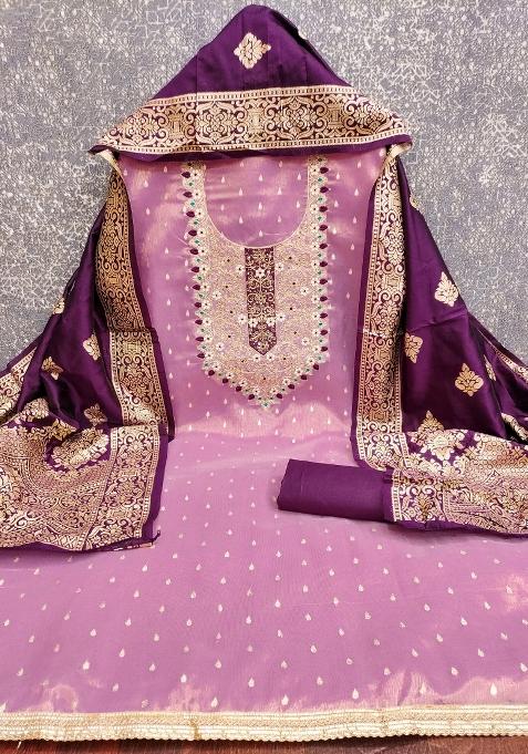 Purple Embroidered Shimmer Pakistani Suit Set — view on Indya