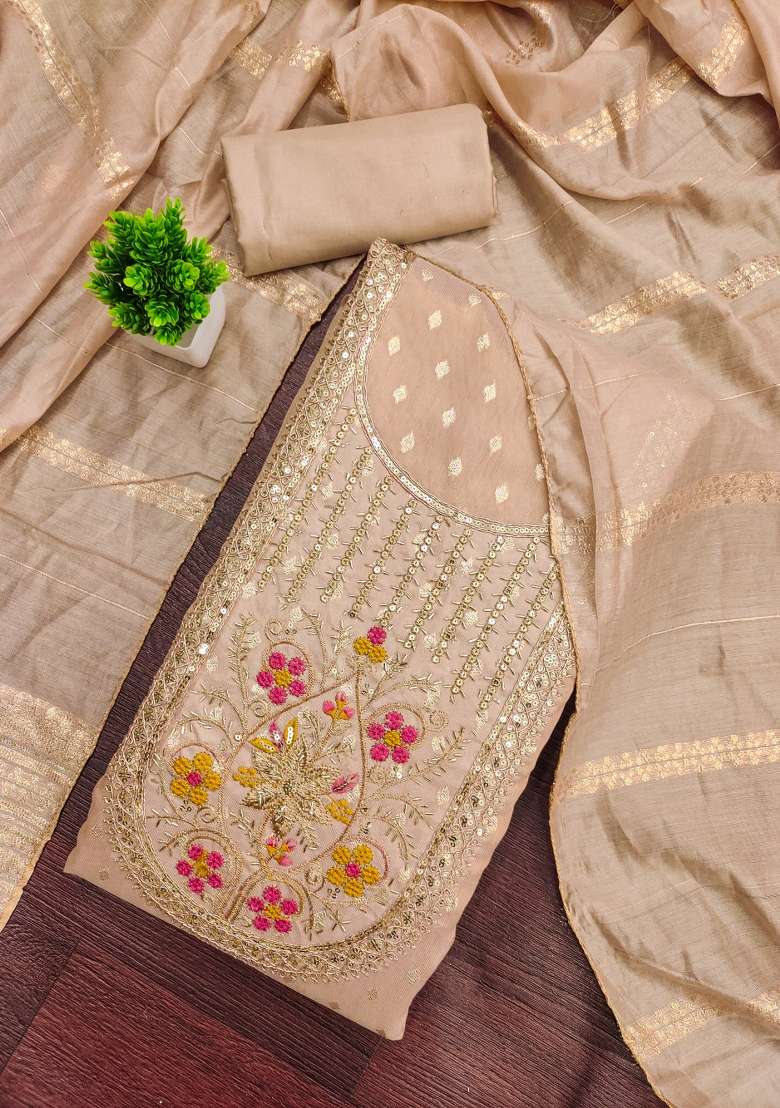 Beige Embroidered Shimmer Pakistani Suit Set - Indya