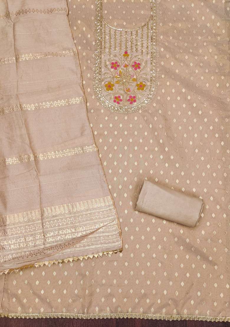 Beige Embroidered Shimmer Pakistani Suit Set - Indya