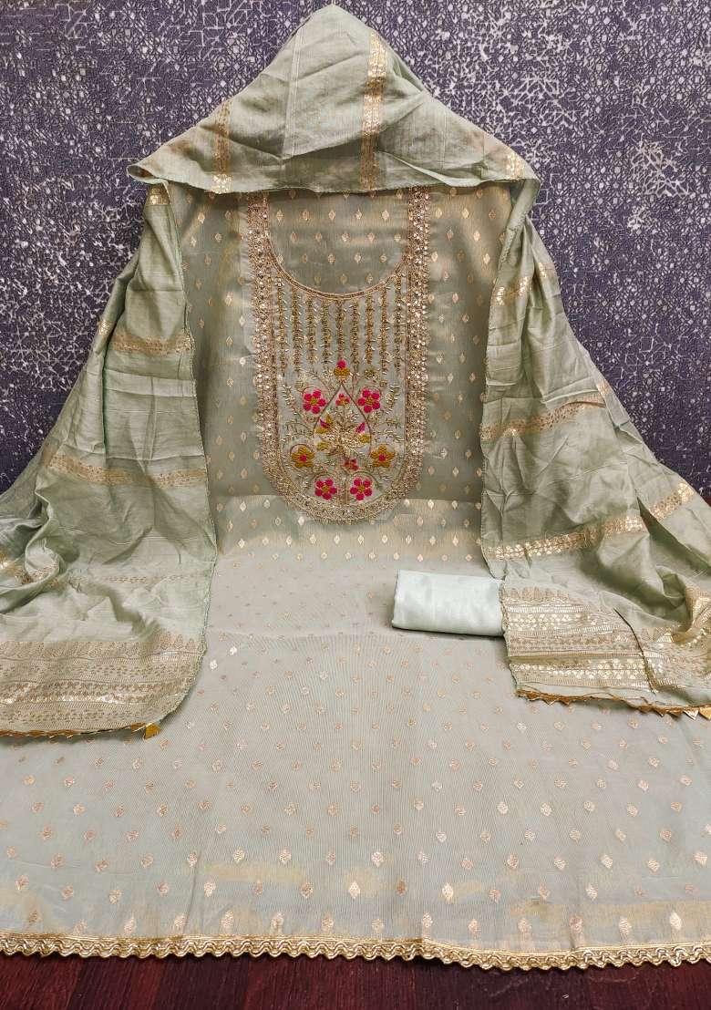 Grey Embroidered Silk Blended Pakistani Suit Set - Indya