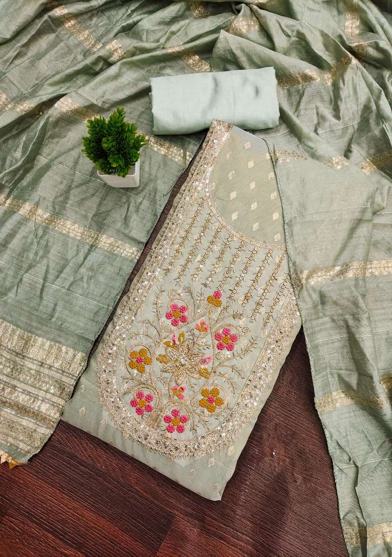 Grey Embroidered Silk Blended Pakistani Suit Set - Indya