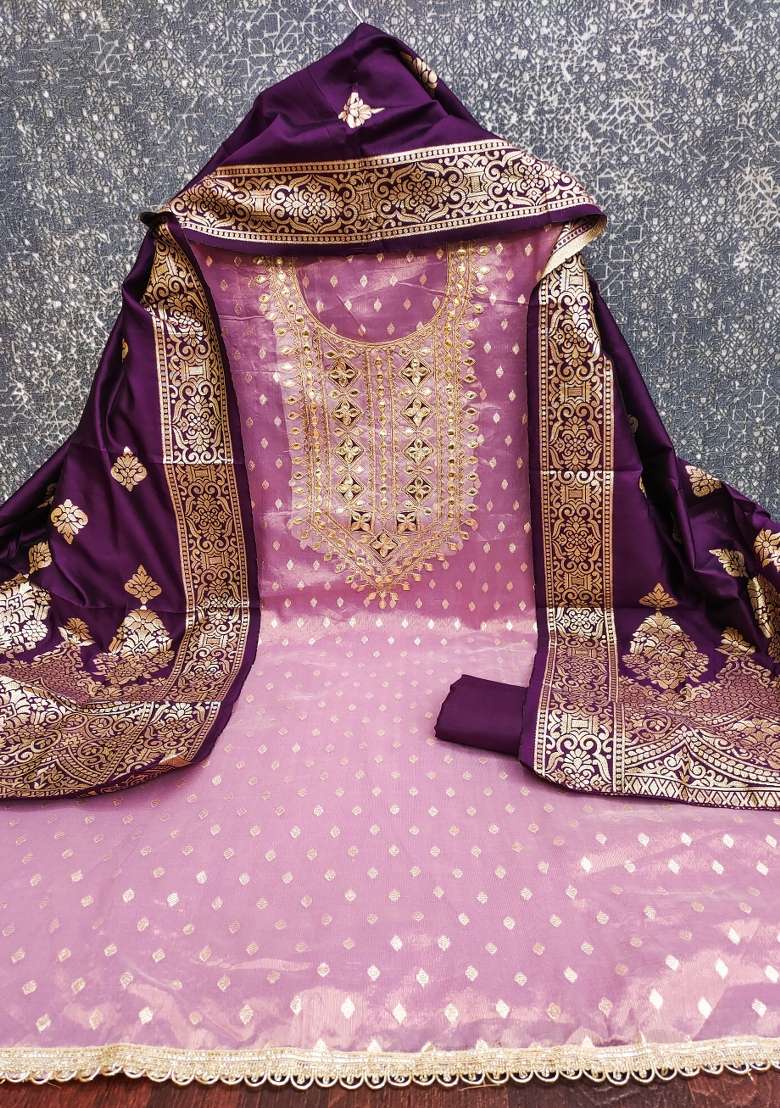 Purple Jacquard Silk Blended Punjabi Suit - Indya