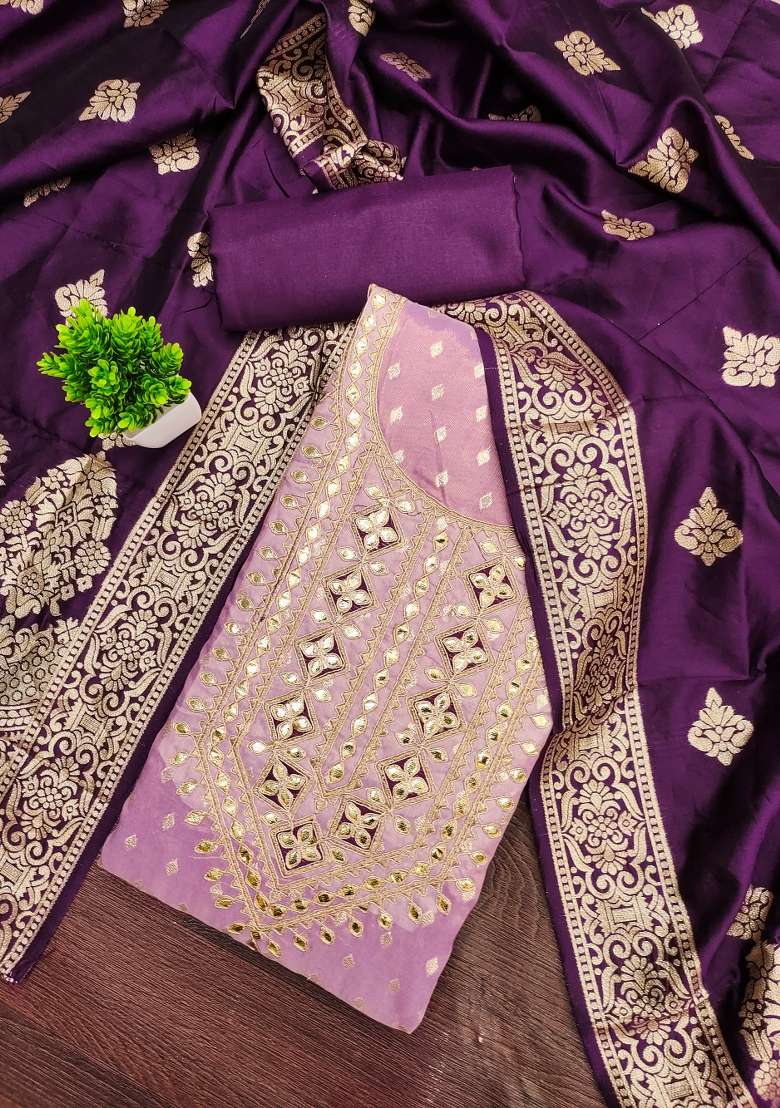 Purple Jacquard Silk Blended Punjabi Suit - Indya
