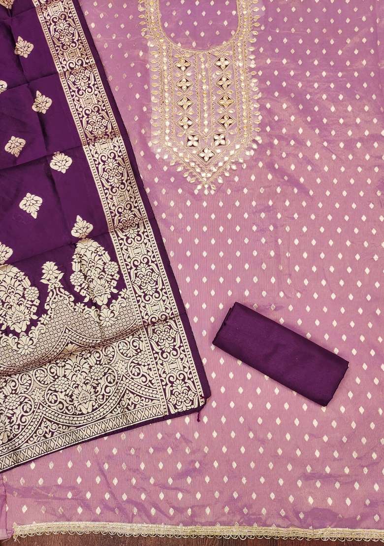 Purple Jacquard Silk Blended Punjabi Suit - Indya