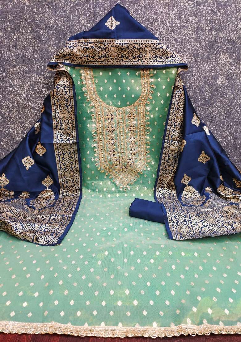 Sea Green Embroidered Shimmer Punjabi Suit - Indya