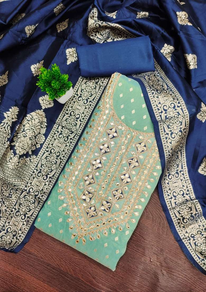 Sea Green Embroidered Shimmer Punjabi Suit - Indya