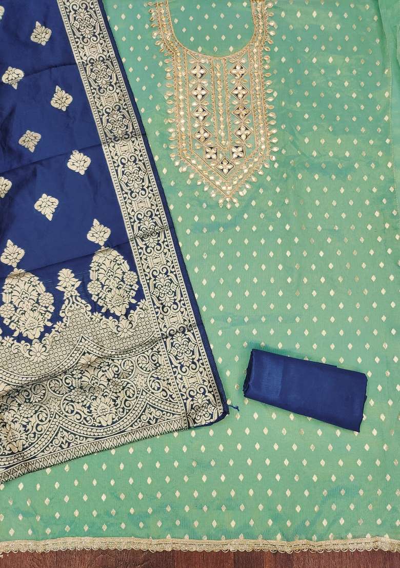 Sea Green Embroidered Shimmer Punjabi Suit - Indya