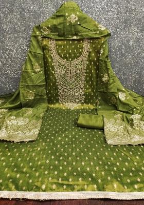Olive Green Embroidered Simmer Dress Material