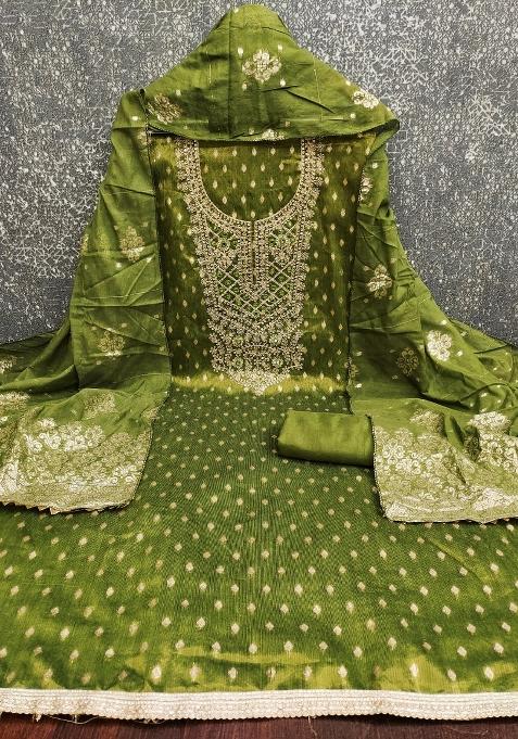 Olive Green Jacquard Silk Blended Straight Kurta Set