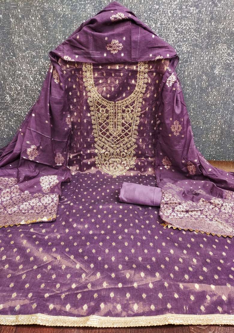 Purple Jacquard Shimmer Pakistani Suit Set - Indya