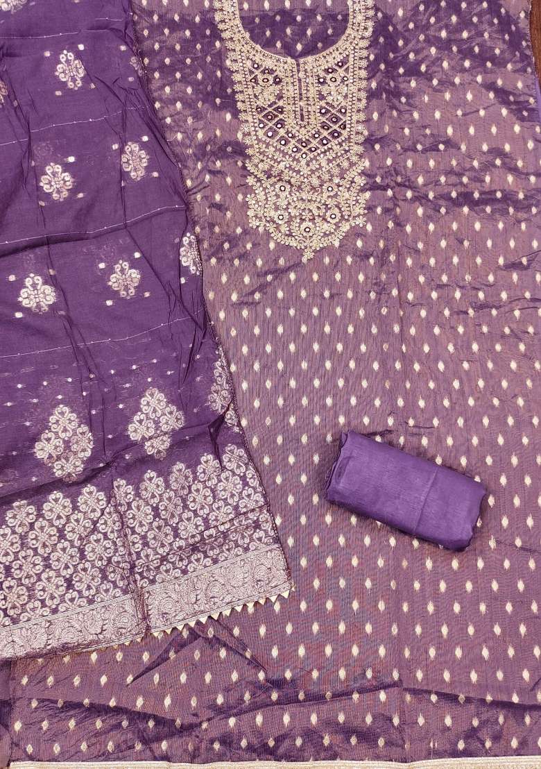 Purple Jacquard Shimmer Pakistani Suit Set - Indya