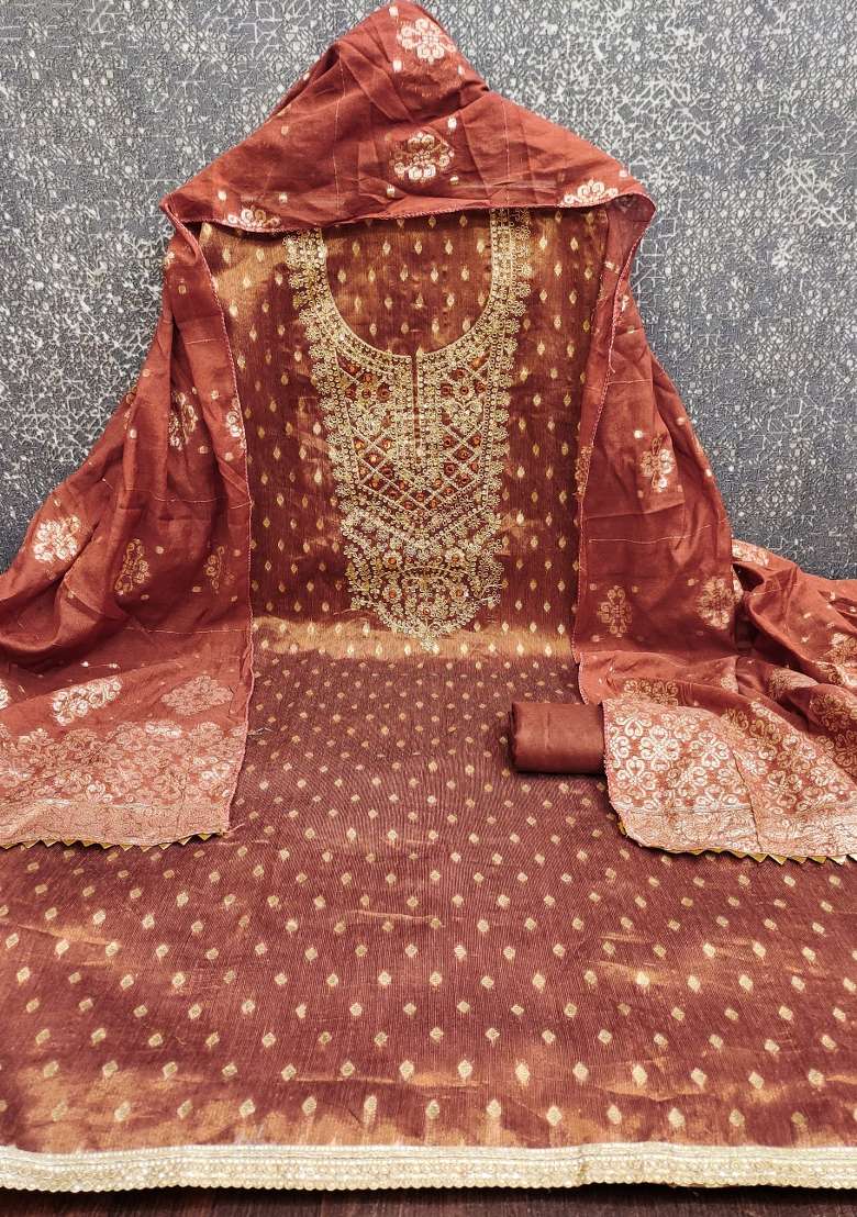 Rust Jacquard Shimmer Straight Kurta Set - Indya