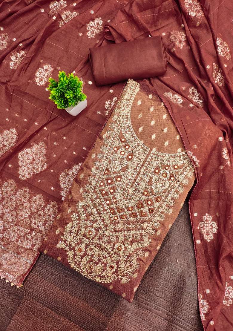 Rust Jacquard Shimmer Straight Kurta Set - Indya