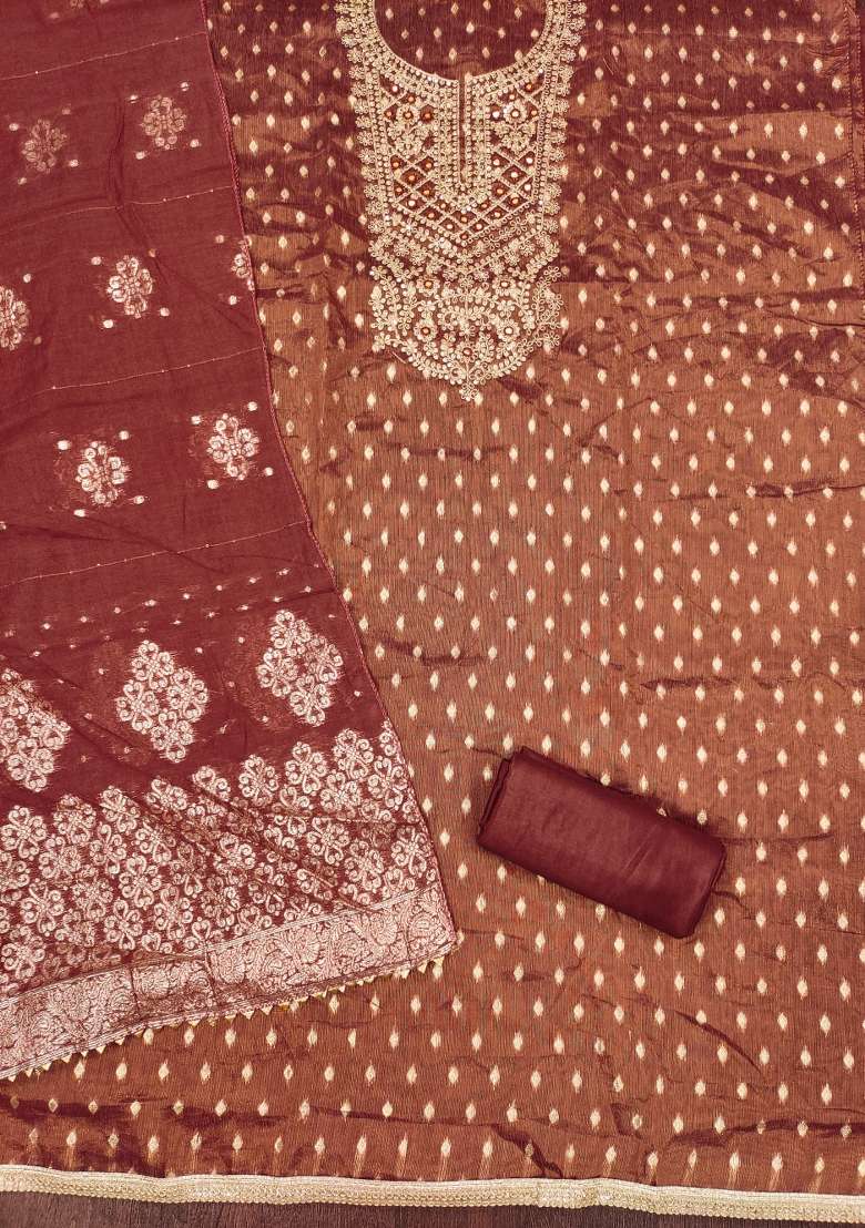 Rust Jacquard Shimmer Straight Kurta Set - Indya