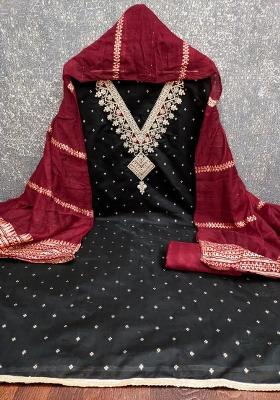 Black Embroidered Modal Dress Material