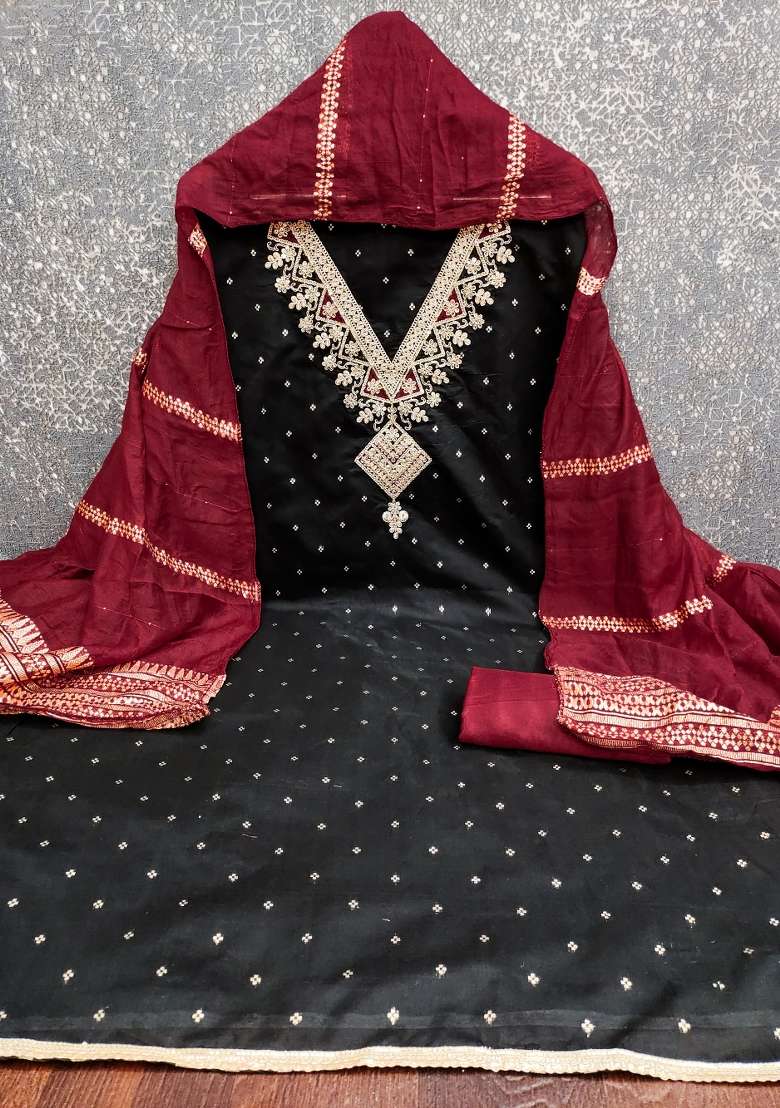 Black Embroidered Modal Punjabi Suit - Indya