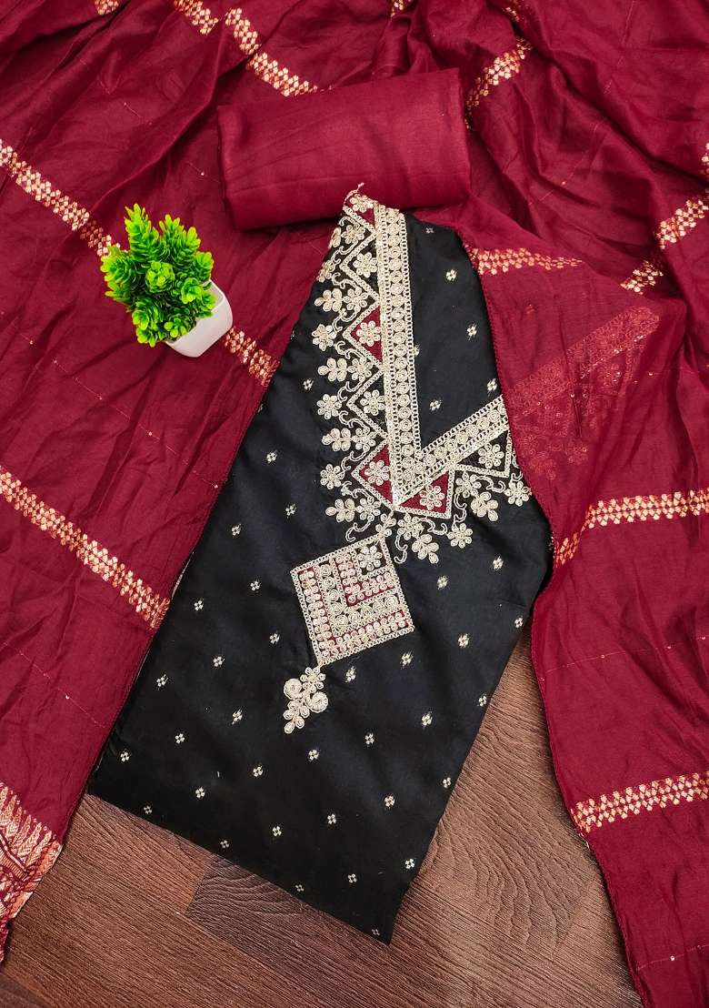 Black Embroidered Modal Punjabi Suit - Indya