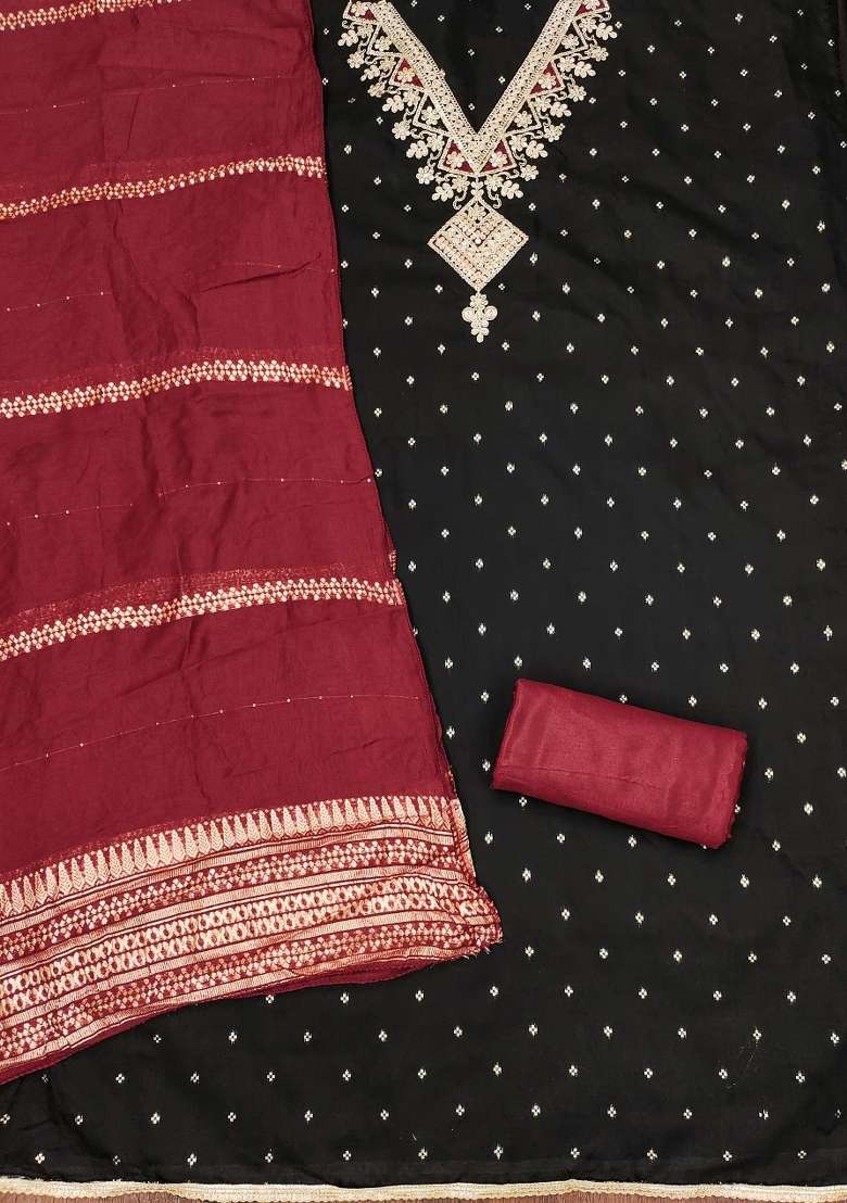 Black Embroidered Modal Punjabi Suit - Indya