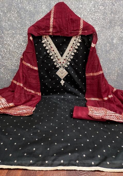 Black Embroidered Modal Dress Material