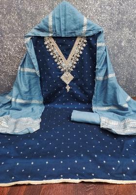 Teal Blue Embroidered Modal Dress Material