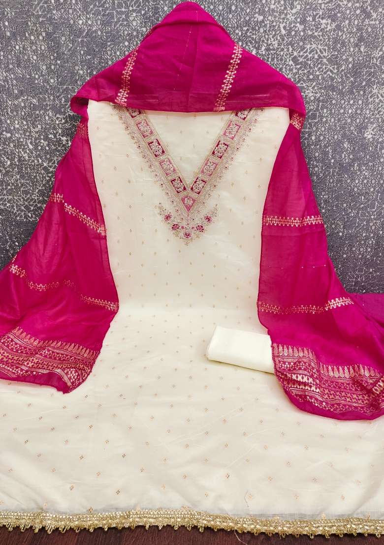 White Embroidered Modal Pakistani Suit Set - Indya