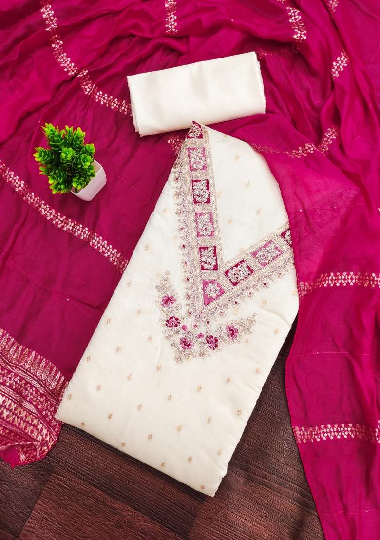 White Embroidered Modal Pakistani Suit Set - Indya