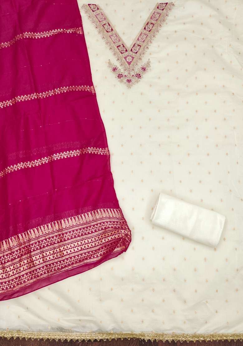 White Embroidered Modal Pakistani Suit Set - Indya