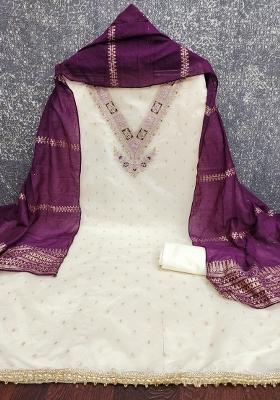 White Embroidered Modal Dress Material