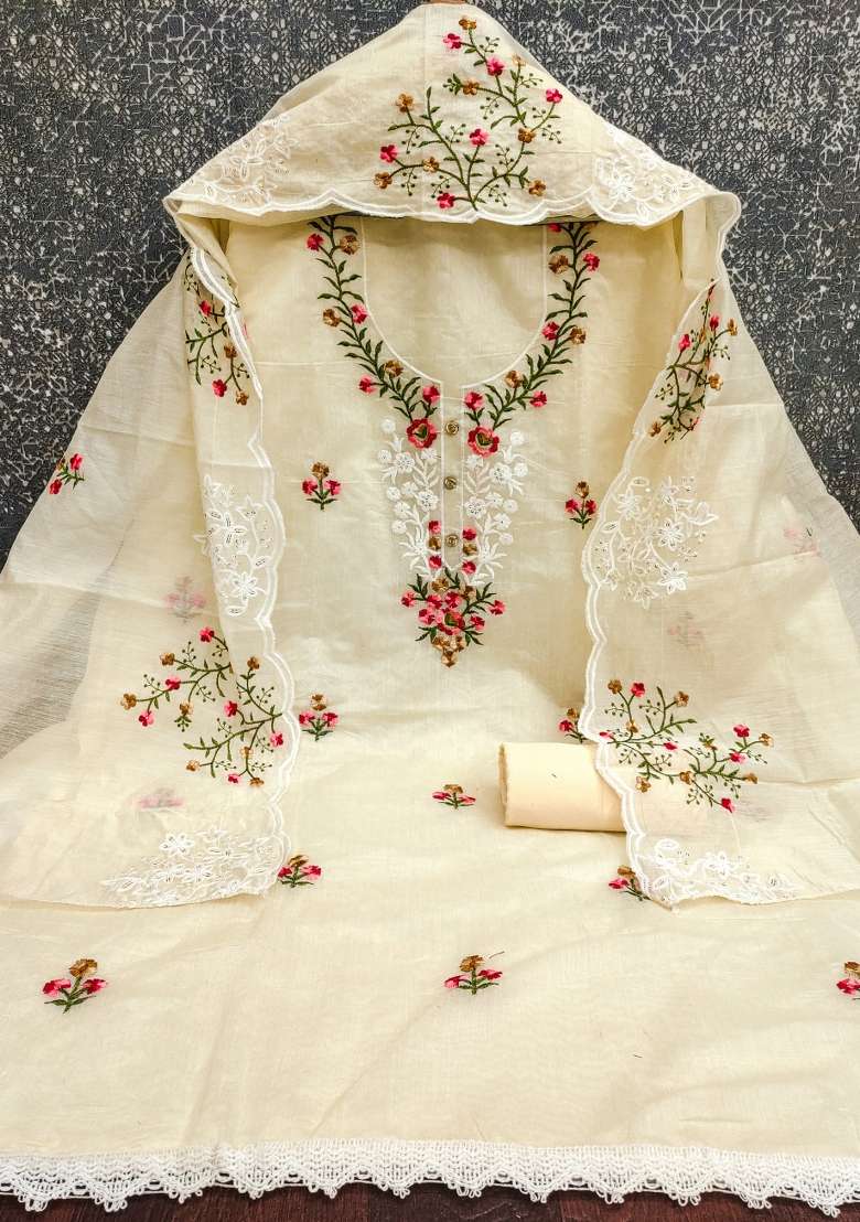 Beige Embroidered Blended Straight Kurta Set - Indya