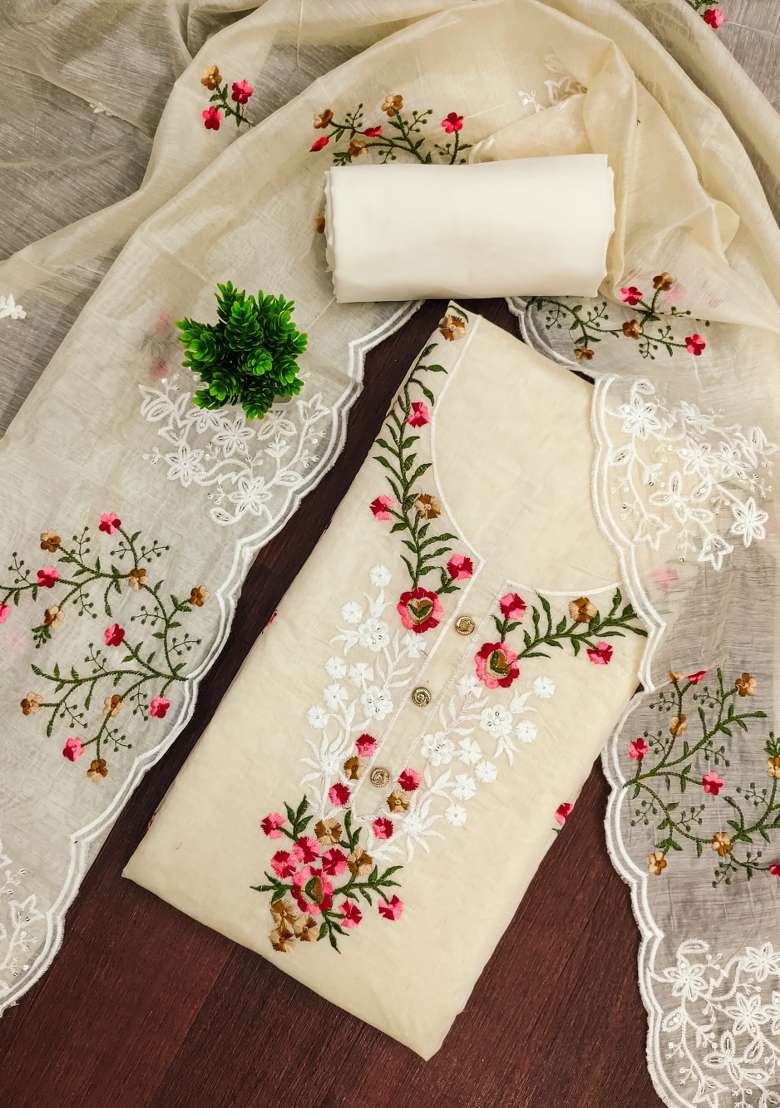Beige Embroidered Blended Straight Kurta Set - Indya