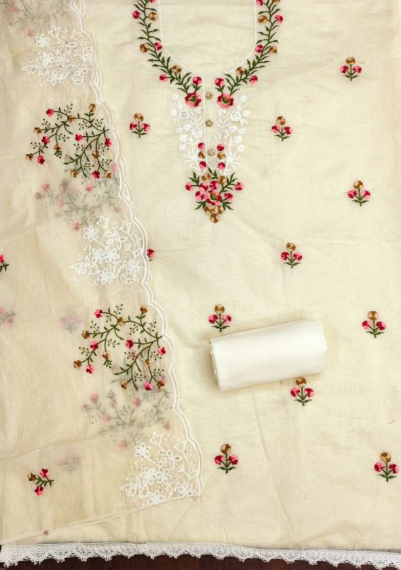 Beige Embroidered Blended Straight Kurta Set - Indya