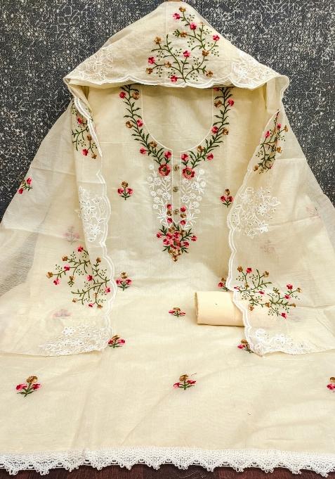 Beige Embroidered Cotton Blend Dress Material