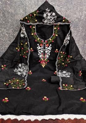 Black Embroidered Cotton Blend Dress Material