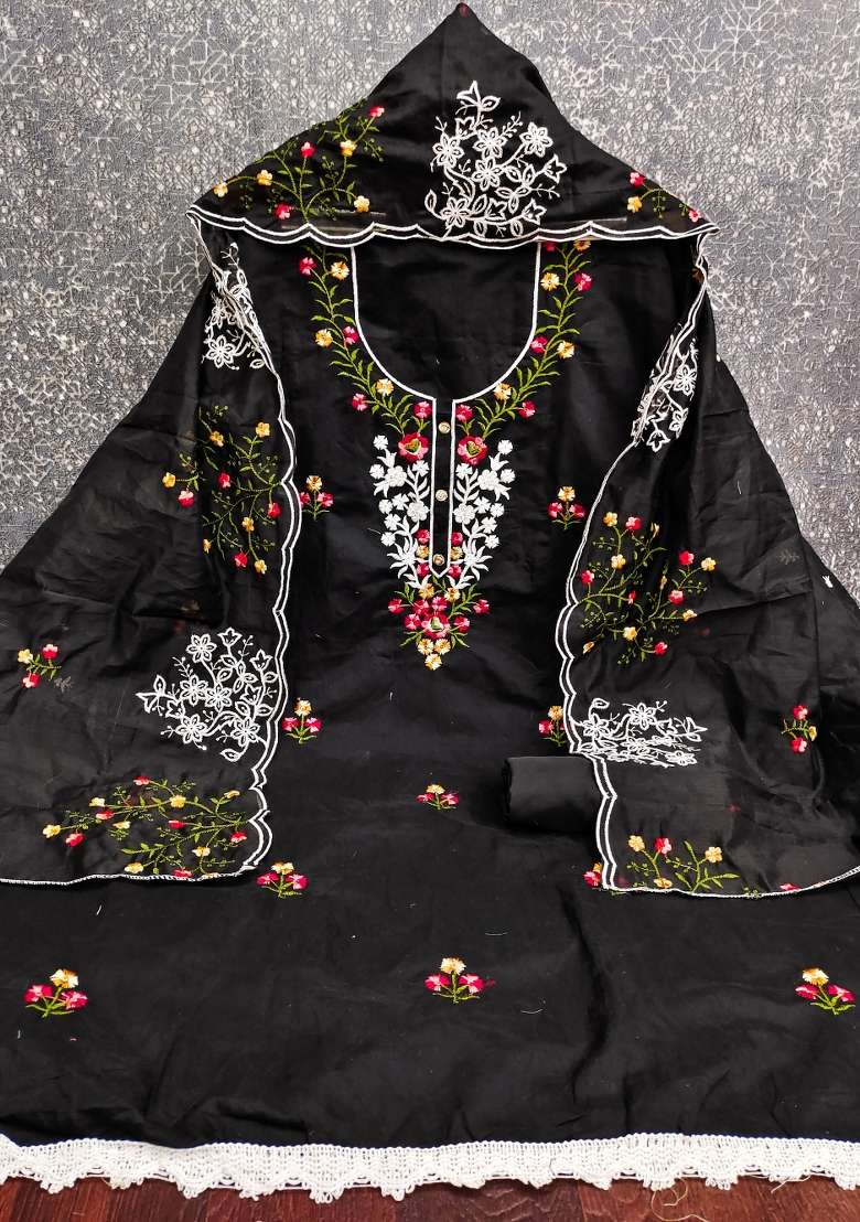 Black Embroidered Cotton Blend Dress Material - Indya