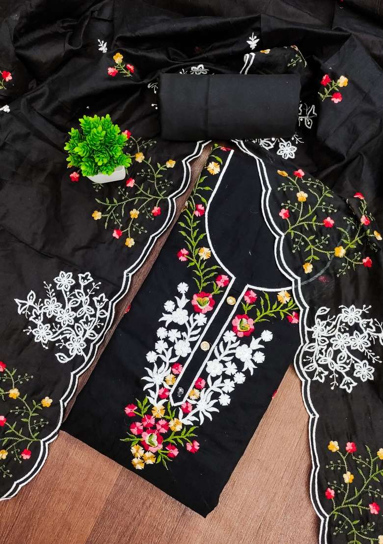 Black Embroidered Cotton Blend Dress Material - Indya