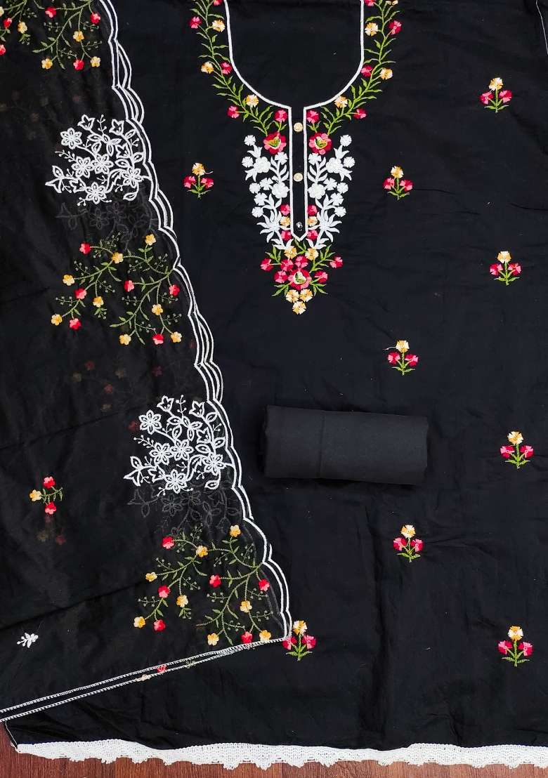 Black Embroidered Cotton Blend Dress Material - Indya