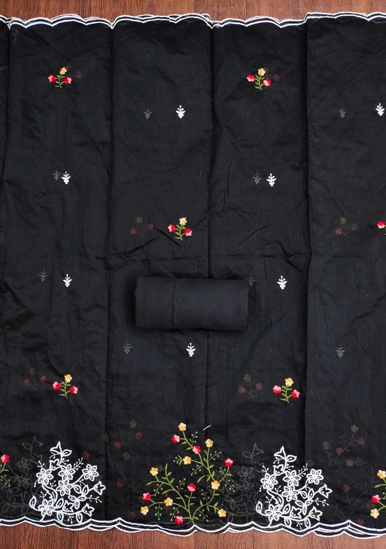 Black Embroidered Cotton Blend Dress Material - Indya