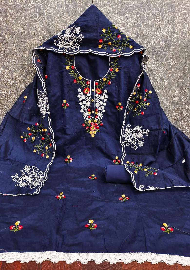 Blue Embroidered Cotton Blend Dress Material - Indya