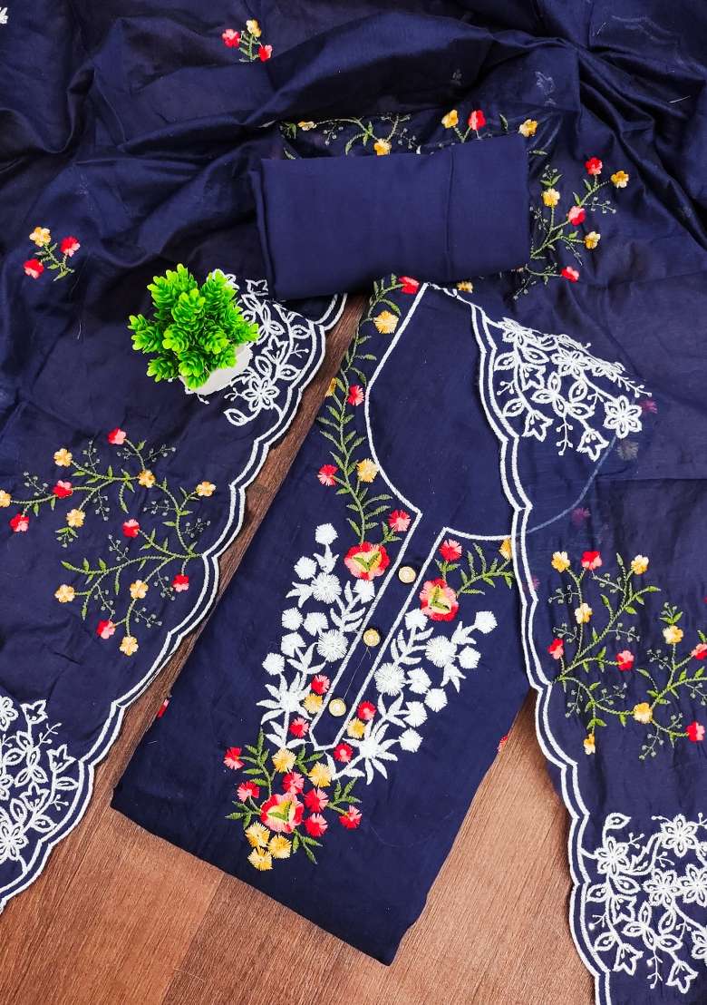 Blue Embroidered Cotton Blend Dress Material - Indya