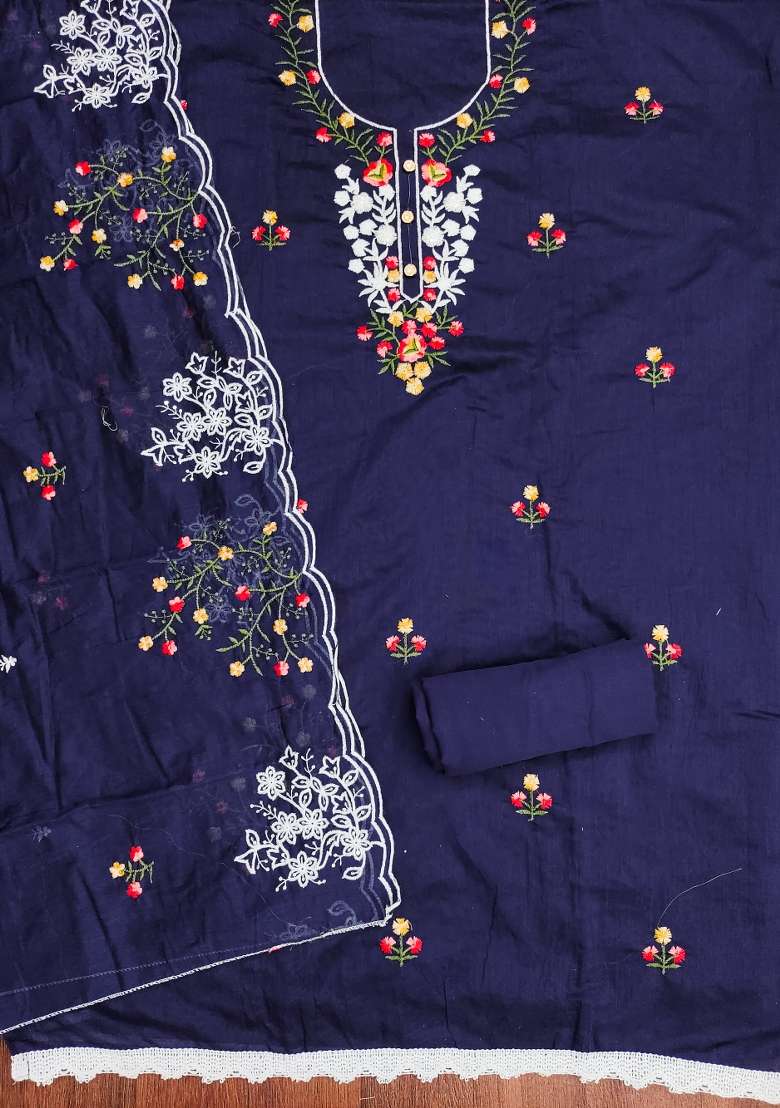 Blue Embroidered Cotton Blend Dress Material - Indya