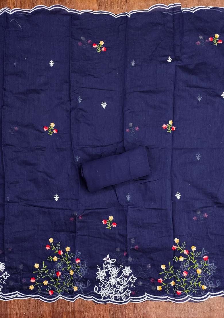 Blue Embroidered Cotton Blend Dress Material - Indya