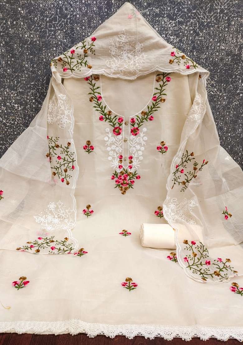 Cream Embroidered Blended Straight Kurta Set - Indya