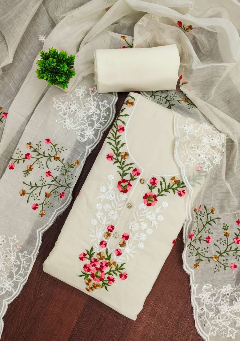 Cream Embroidered Blended Straight Kurta Set - Indya