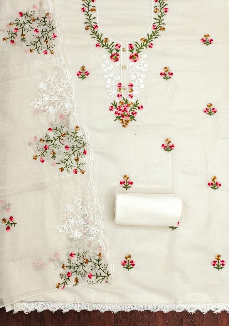 Cream Embroidered Blended Straight Kurta Set - Indya