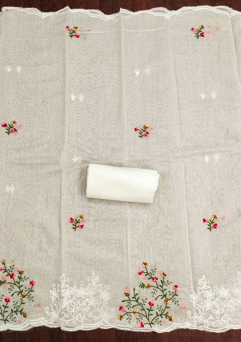 Cream Embroidered Blended Straight Kurta Set - Indya