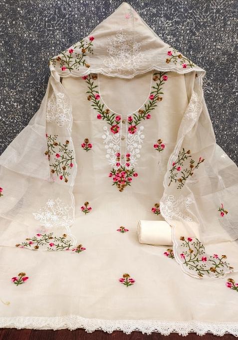 Cream Embroidered Cotton Blend Dress Material