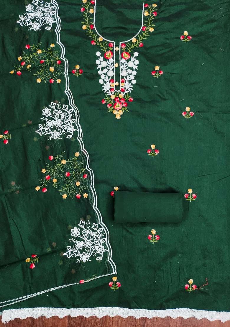 Green Embroidered Blended Straight Kurta Set - Indya